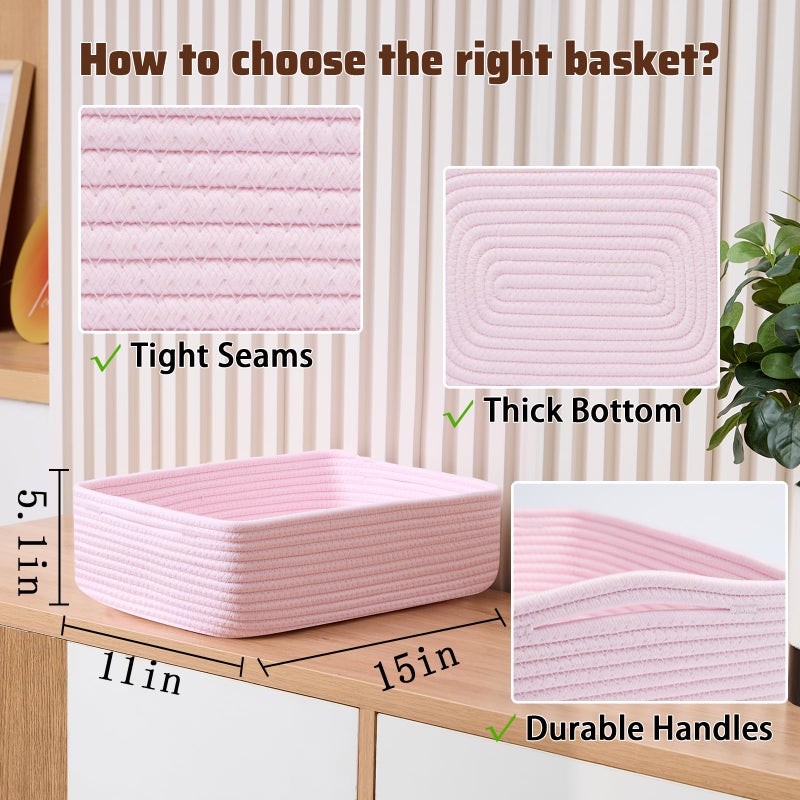 MiniArk Large Shallow Organizing Baskets 15x11x5.1 Inches - Rope Woven Storage Bins for Bathroom, Shelves, Cube Closet, Light Pink 2 Packs - Image 2