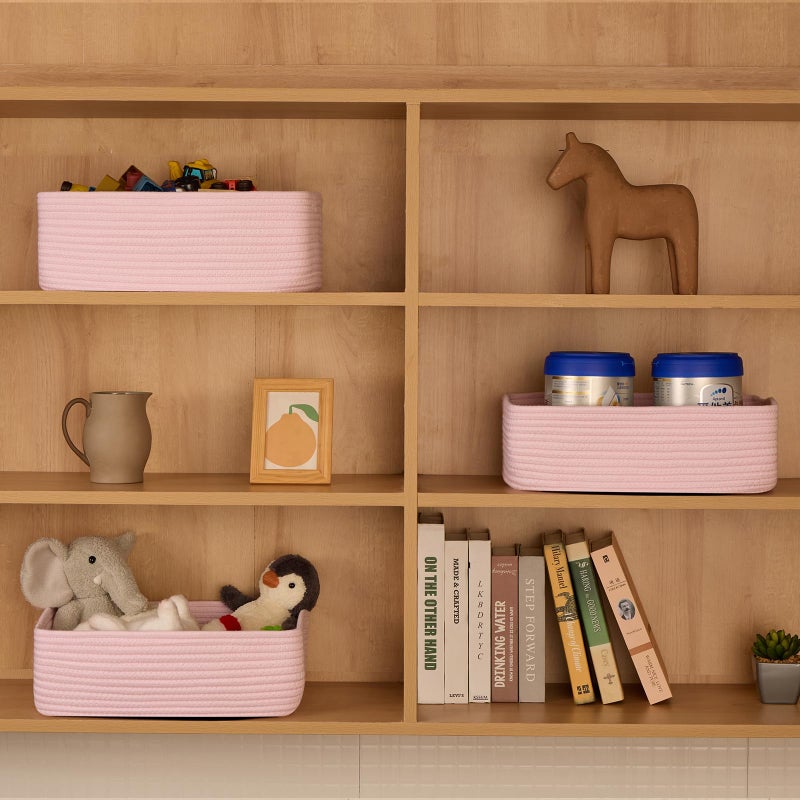 MiniArk Large Shallow Organizing Baskets 15x11x5.1 Inches - Rope Woven Storage Bins for Bathroom, Shelves, Cube Closet, Light Pink 2 Packs - Image 3