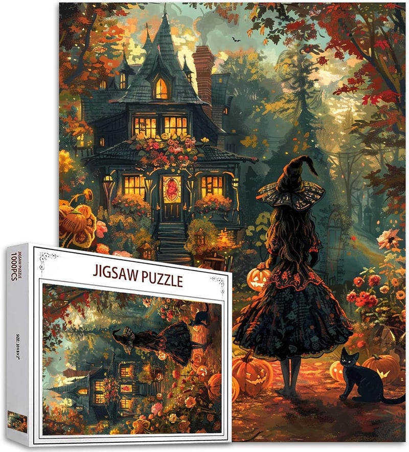 Tucocoo 1000 Piece Jigsaw PuzzleHalloween Dress Witch Puzzles 1000 Pieces for AdultsBlack Cat Puzzles for Adults Puzzles for Adults 1000 Pieces Fall Pumpkin Puzzles Garden Countyard - Image 1