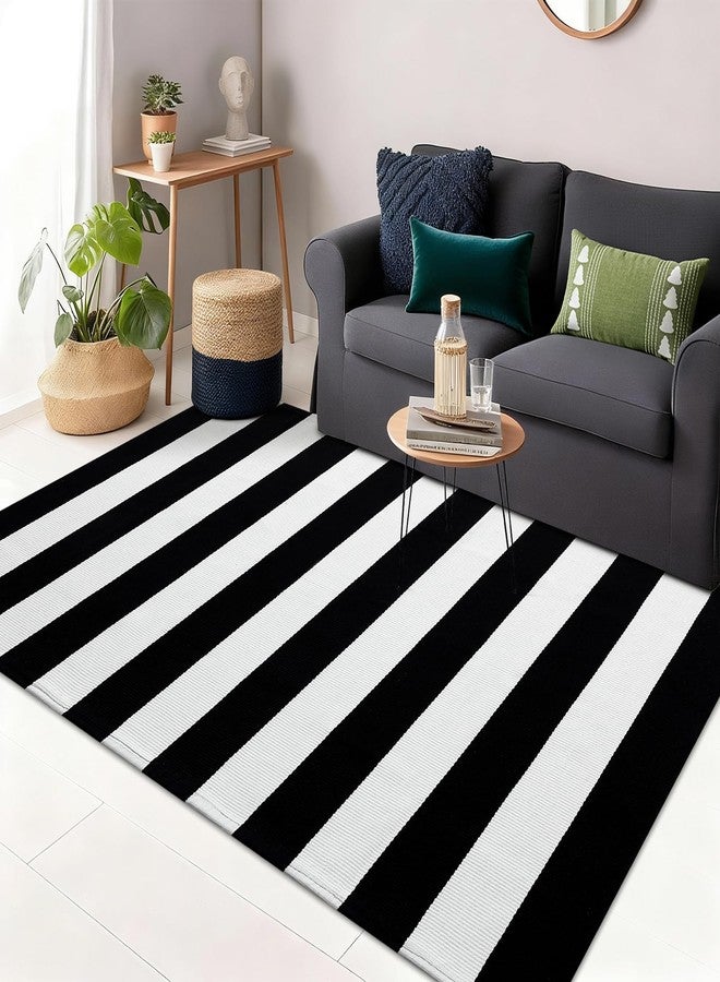 OLANLY Black and White Striped Rug 3' x 5' - Washable Cotton Indoor Outdoor Doormat for Front Door, Entryway, Kitchen, Porch, Patio Decor - Image 1