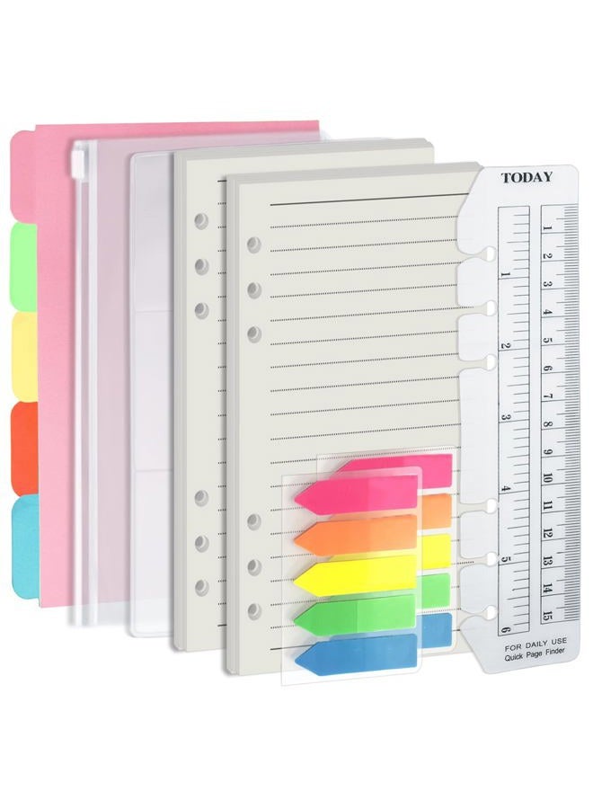 Harphia A6 6 Holes Binder Refill Value Set, 90 Sheets Ruled Line Planner Insert, 5 Sheets Binder Paper Dividers, Translucent Planner Pocket, PVC Binder Card Bag, 200Pcs Colorful Index Stickers - Image 1