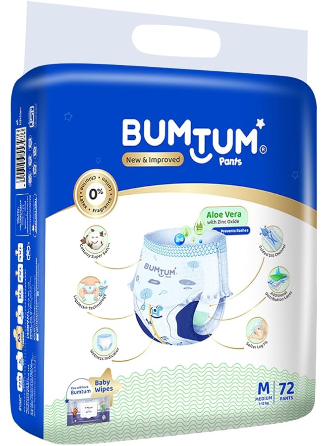Bumtum Baby Diaper Pants M (Size 3) 7 12 Kg Double Layer Leakage Protection Infused With Aloe Vera Cottony Soft High Absorb Technology 72 Diaper - Image 2