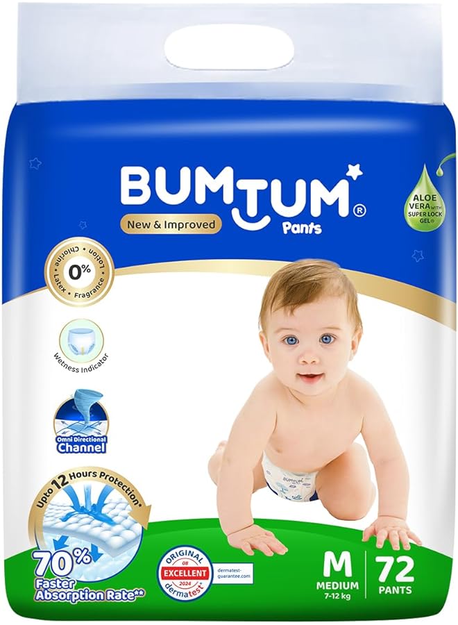 Bumtum Baby Diaper Pants M (Size 3) 7 12 Kg Double Layer Leakage Protection Infused With Aloe Vera Cottony Soft High Absorb Technology 72 Diaper - Image 1