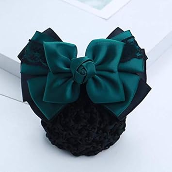 UPSTORE Women Hair Bun Cover Net Snood Hairnet Bowknot Decor Satin Bow Barrette French Hair Clip Bow Ribbon Flower Hair Accessories For Banks Hotels Restaurant Staff Green - Image 1