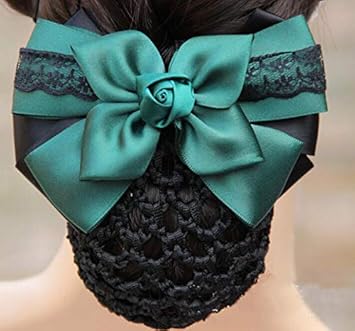 UPSTORE Women Hair Bun Cover Net Snood Hairnet Bowknot Decor Satin Bow Barrette French Hair Clip Bow Ribbon Flower Hair Accessories For Banks Hotels Restaurant Staff Green - Image 4