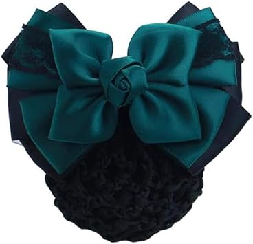UPSTORE Women Hair Bun Cover Net Snood Hairnet Bowknot Decor Satin Bow Barrette French Hair Clip Bow Ribbon Flower Hair Accessories For Banks Hotels Restaurant Staff Green - Image 2