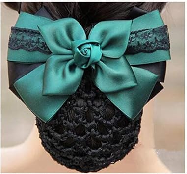 UPSTORE Women Hair Bun Cover Net Snood Hairnet Bowknot Decor Satin Bow Barrette French Hair Clip Bow Ribbon Flower Hair Accessories For Banks Hotels Restaurant Staff Green - Image 3