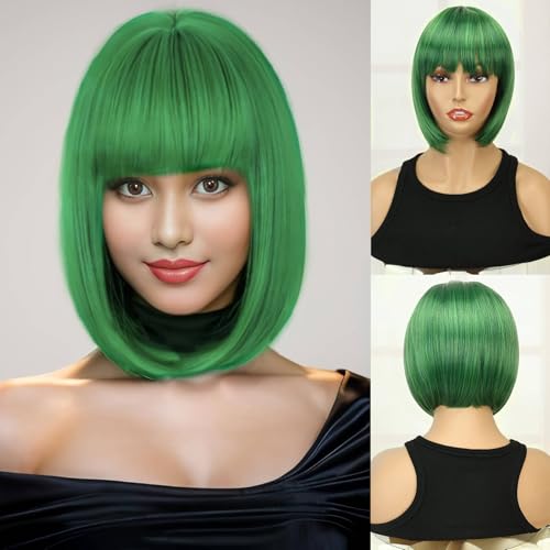 Creamily Green Short Bob Hair Wig for Women Full Head, 9 Inch Trendy Korean Style Synthetic Wig with Bangs,Chemo Wigs Bob Cut Wigs for Women (9 Inch,Green) - Image 1
