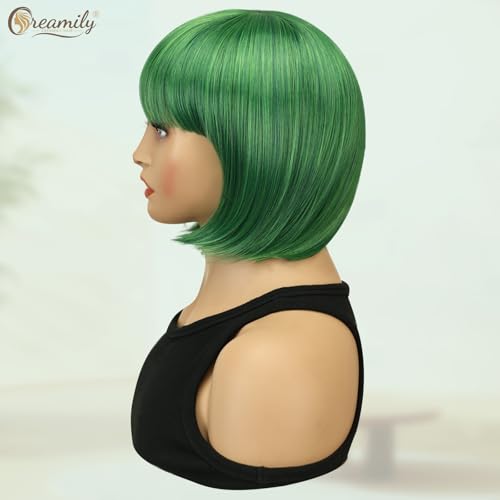 Creamily Green Short Bob Hair Wig for Women Full Head, 9 Inch Trendy Korean Style Synthetic Wig with Bangs,Chemo Wigs Bob Cut Wigs for Women (9 Inch,Green) - Image 5
