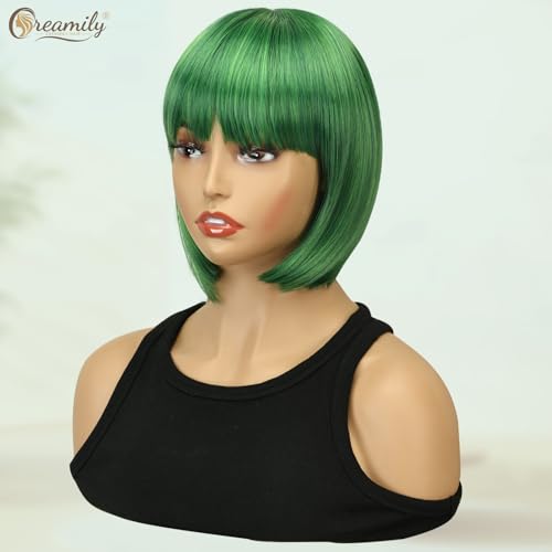 Creamily Green Short Bob Hair Wig for Women Full Head, 9 Inch Trendy Korean Style Synthetic Wig with Bangs,Chemo Wigs Bob Cut Wigs for Women (9 Inch,Green) - Image 4