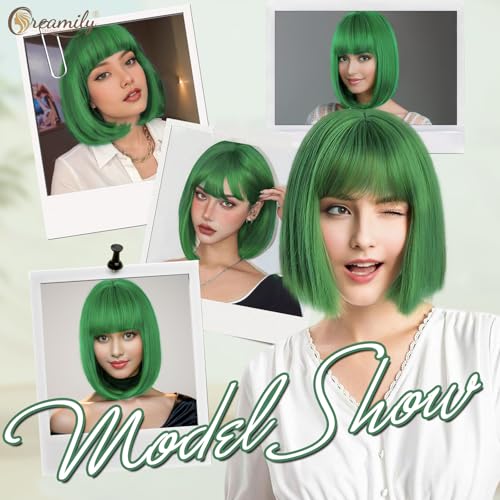 Creamily Green Short Bob Hair Wig for Women Full Head, 9 Inch Trendy Korean Style Synthetic Wig with Bangs,Chemo Wigs Bob Cut Wigs for Women (9 Inch,Green) - Image 2