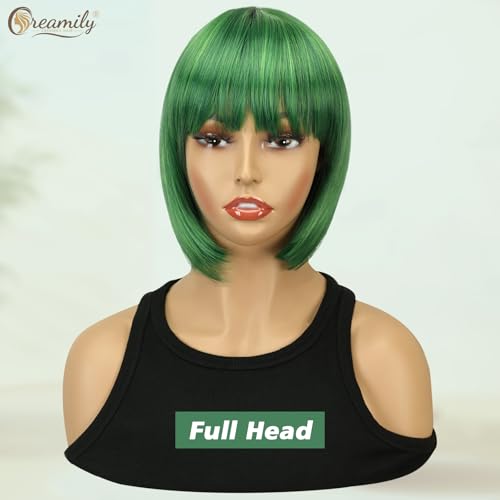 Creamily Green Short Bob Hair Wig for Women Full Head, 9 Inch Trendy Korean Style Synthetic Wig with Bangs,Chemo Wigs Bob Cut Wigs for Women (9 Inch,Green) - Image 3