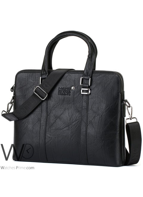 Business Montblanc Leather Briefcase Black Handbag