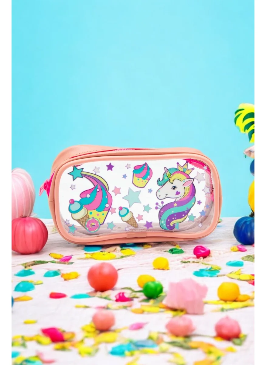 Kaff 01112 Pink Color Unicorn Patterned Transparent Waterproof Single Compartment Pencil Case