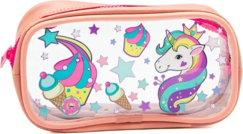 Kaff 01112 Pink Color Unicorn Patterned Transparent Waterproof Single Compartment Pencil Case