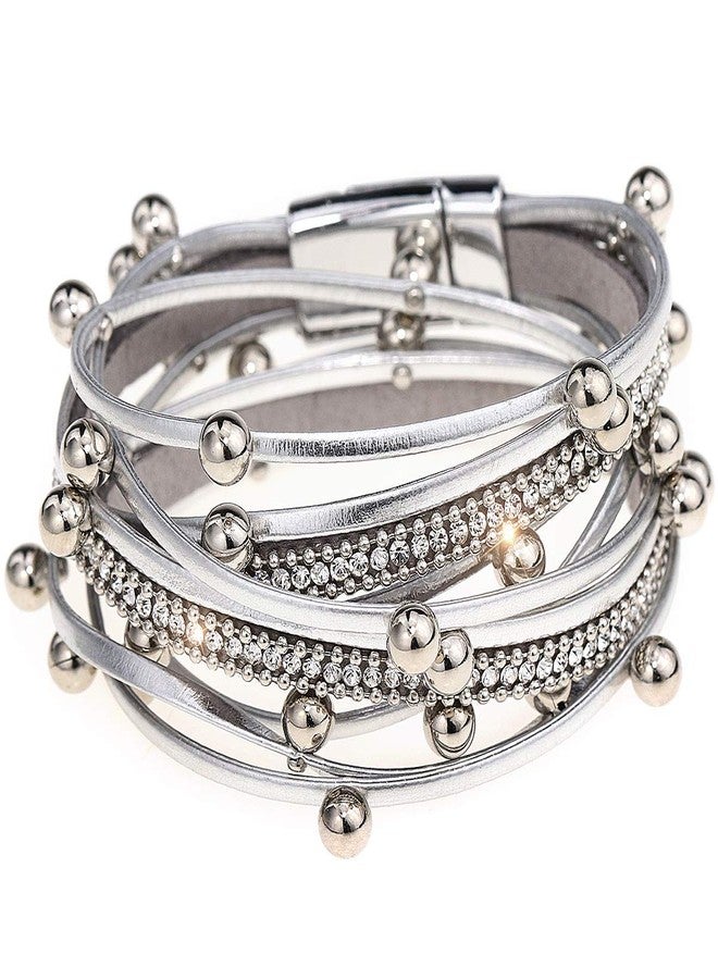 Suyi Women Wrap Bracelet Multilayered Leather Braided Bangle Wrist Cuff Bangles with Magnetic Buckle Silver1 - Image 1