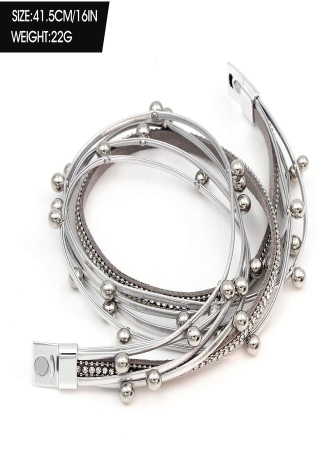 Suyi Women Wrap Bracelet Multilayered Leather Braided Bangle Wrist Cuff Bangles with Magnetic Buckle Silver1 - Image 5