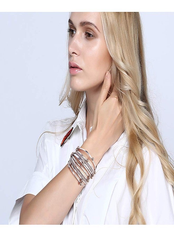 Suyi Women Wrap Bracelet Multilayered Leather Braided Bangle Wrist Cuff Bangles with Magnetic Buckle Silver1 - Image 2
