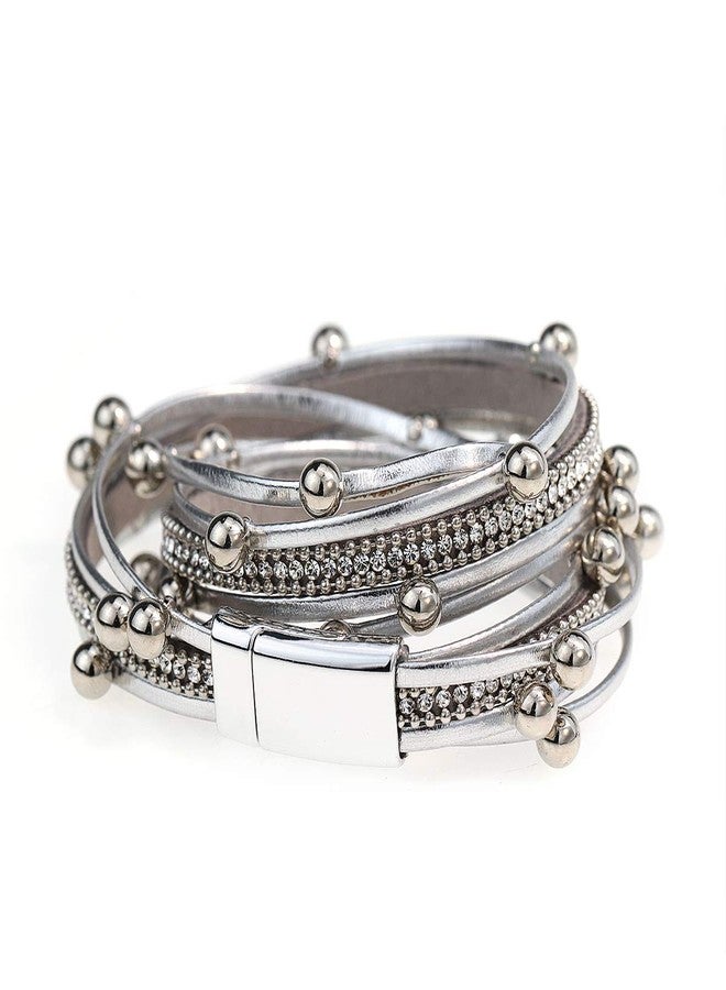 Suyi Women Wrap Bracelet Multilayered Leather Braided Bangle Wrist Cuff Bangles with Magnetic Buckle Silver1 - Image 4