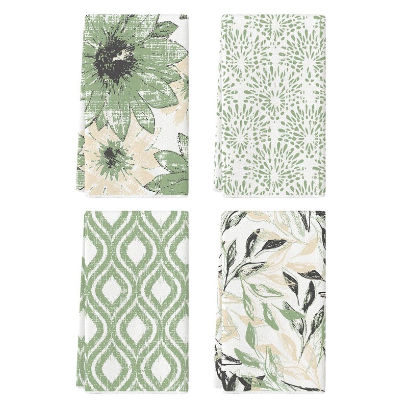 Artoid Mode Green Floral Leaves Boho Kitchen Towels Dish Towels 18x26 Inch Seasonal Spring Summer Decoration Hand Towels Set of 4