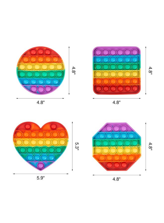 بي- بلس إنترناشونال مجموعة من 4 قطع من لعبة Rainbow Pop من P-Plus International، لعبة حسية لفرقعة الفقاعات من السيليكون، لعبة لتخفيف التوتر من خلال تفجير الفقاعات، لعبة صغيرة لفرقعة الفقاعات - دائرية، مربعة، مثمنة، على شكل قلب - Image 1