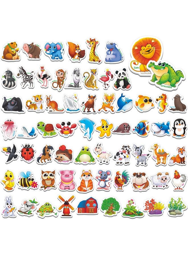 SpriteGru 65 Pcs Animal Magnets, Adorable Magnetic Animal With Name Fridge Magnets Wild Animal, Farm Animal & Marine Animal Thickened Cardstock Refrigerator Magnets Cute Educational Learning Toys For Kids 3+ - Image 1