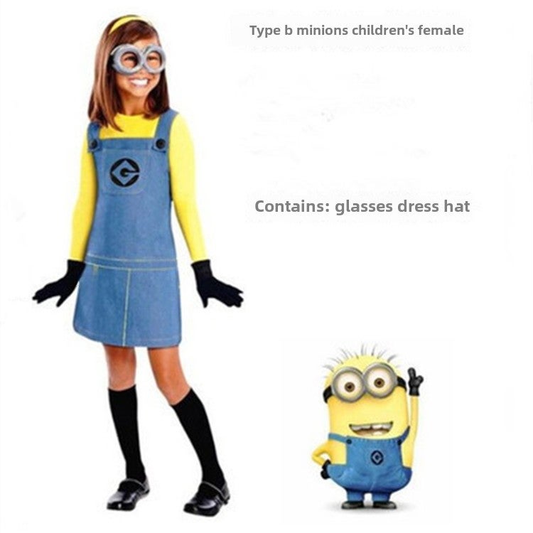 Kids Minion Costume with Glasses Female treasure (one-body skirt + hat + glasses)
