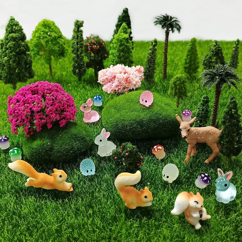 OrgMemory Mixed Model Trees, Forest Animals Figures, Diorama Supplies, Ho Scale Bushes with Moss Stones, Model Grass, Plastic Trees for Projects, DIY Crafts, Model Train Scenery - Image 1