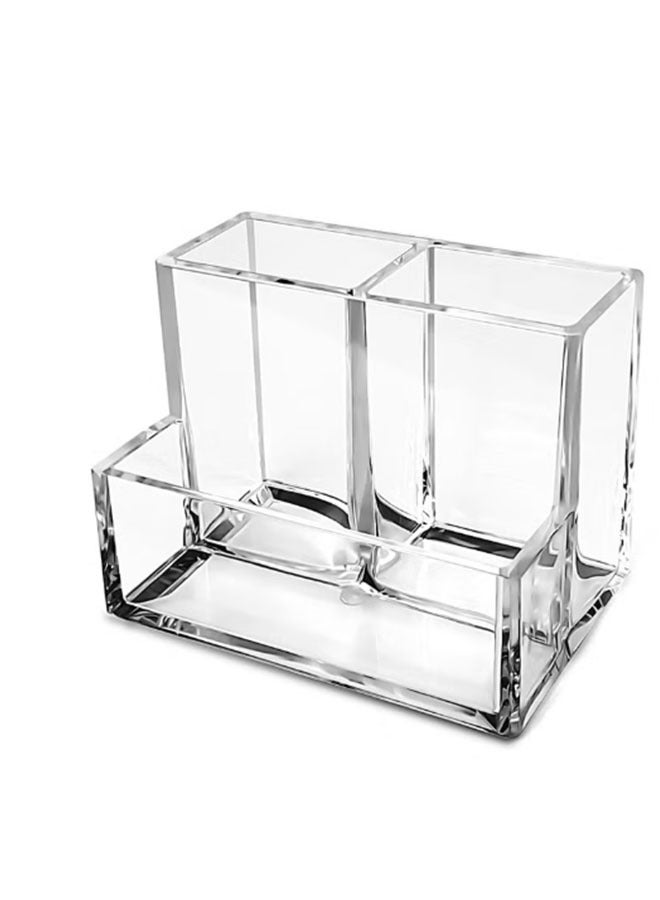 Clear Acrylic Pen Holder, 3-Compartment Desktop Organizer, Multi-Purpose for Stationery/Makeup Brushes, Easy to Clean & Durable - Image 1