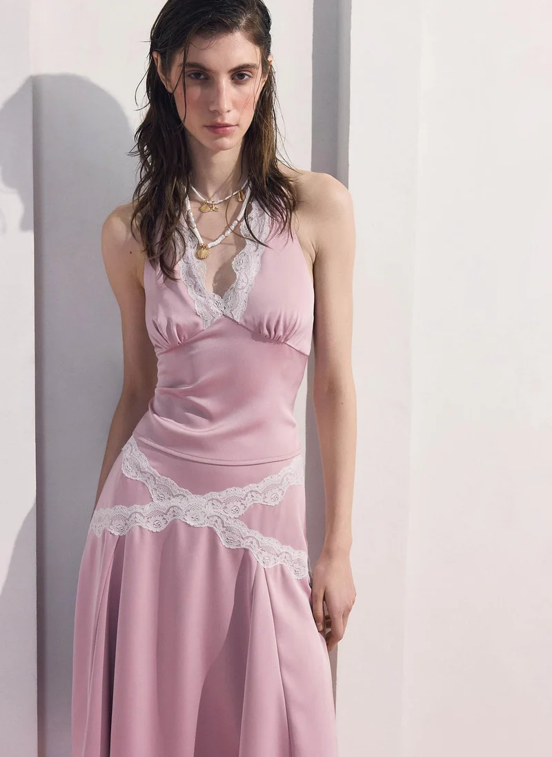 Satin top with contrasting lace