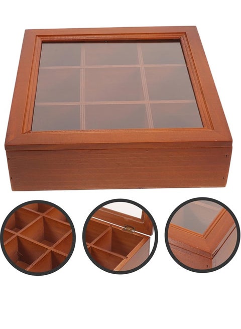 Wooden Tea Storage Box, Wood Tea Organizer, 9-Compartment Box Holder With Clear Lid For Sugar, Coffee , Instant Coffee Packets