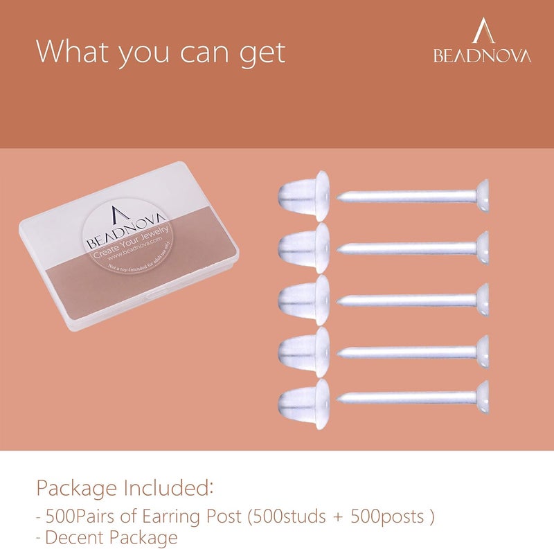 BEADNOVA أقراط بلاستيكية شفافة من BEADNOVA للرياضة والعمل  مثبتات غير مرئية لحماية الأذن المثقوبة  دبابيس مطاطية  دبابيس فارغة  أذنات  500 زوج - Image 4