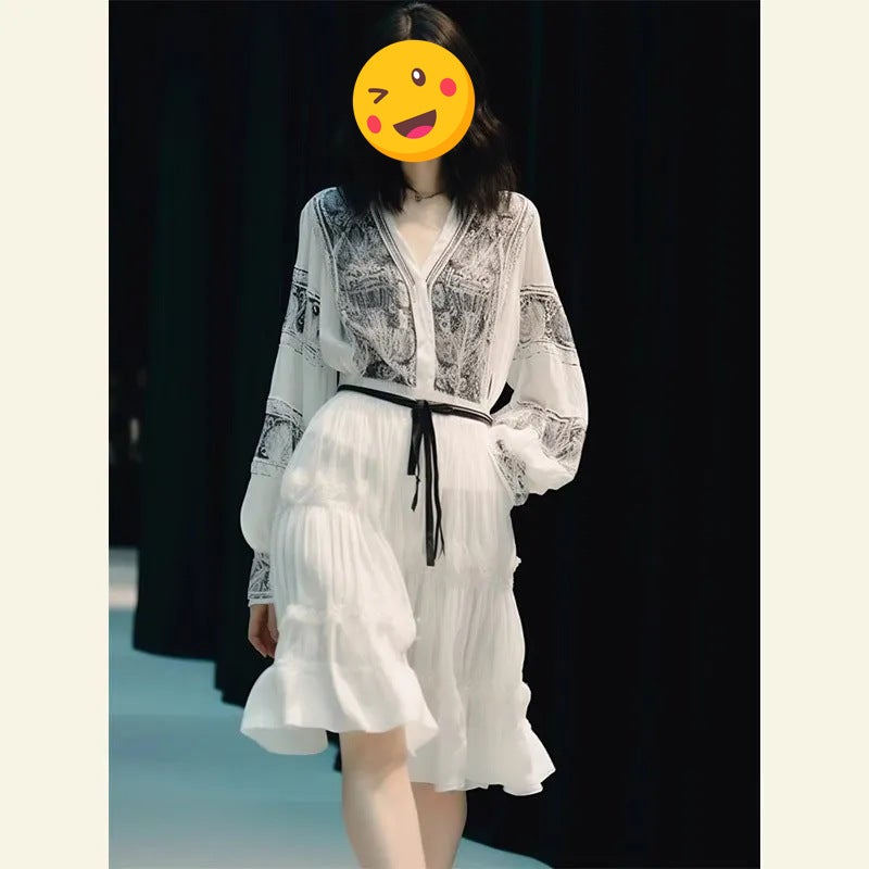 فستان شيفون أبيض مطبوع كلاسيكي أنيق على الطراز الفرنسي - Image 3