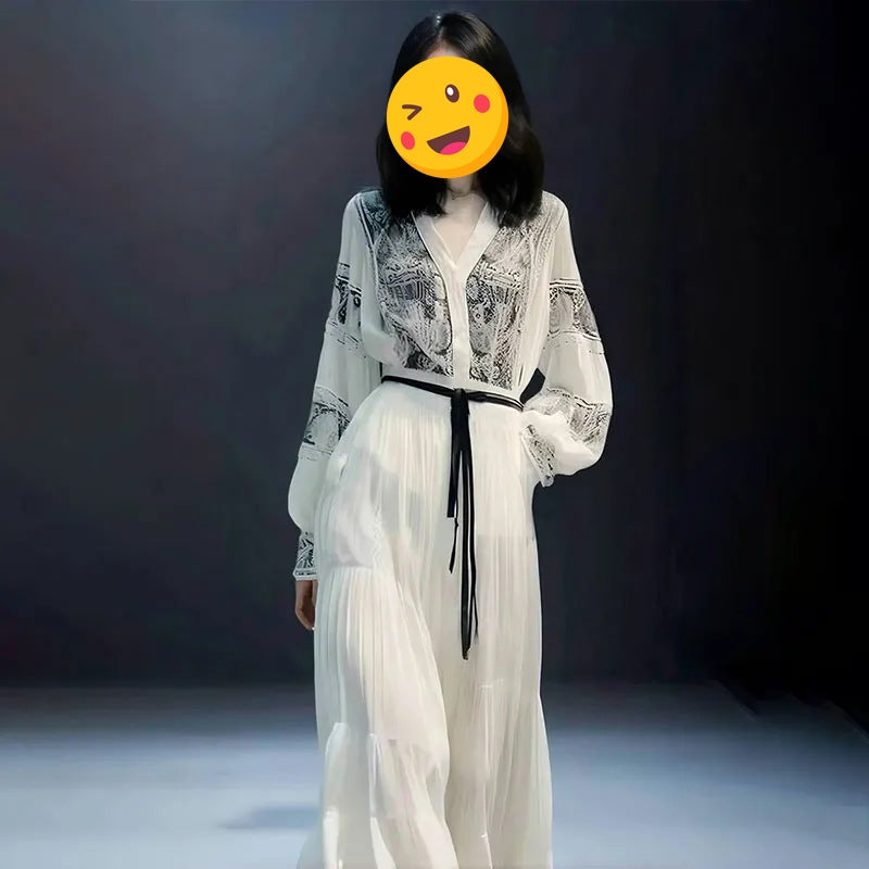 فستان شيفون أبيض مطبوع كلاسيكي أنيق على الطراز الفرنسي - Image 2