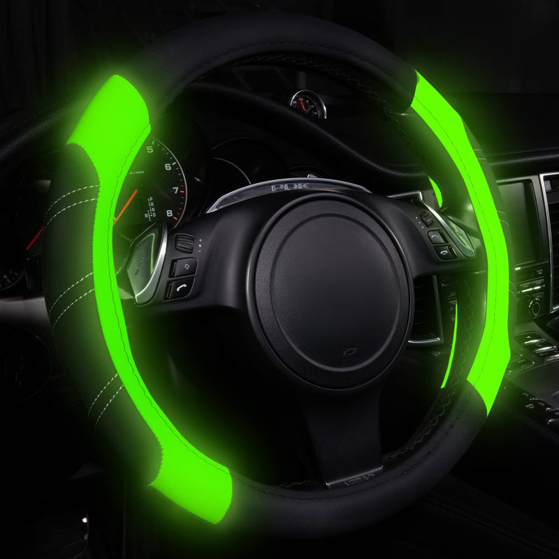 CAR PASS Line Rider Microfiber Leather Sporty Steering Wheel Cover Universal Fits for 95 TruckSUVCars 14515inch AntiSlip Safety Comfortable Design Glows Lime Fluorescent Green