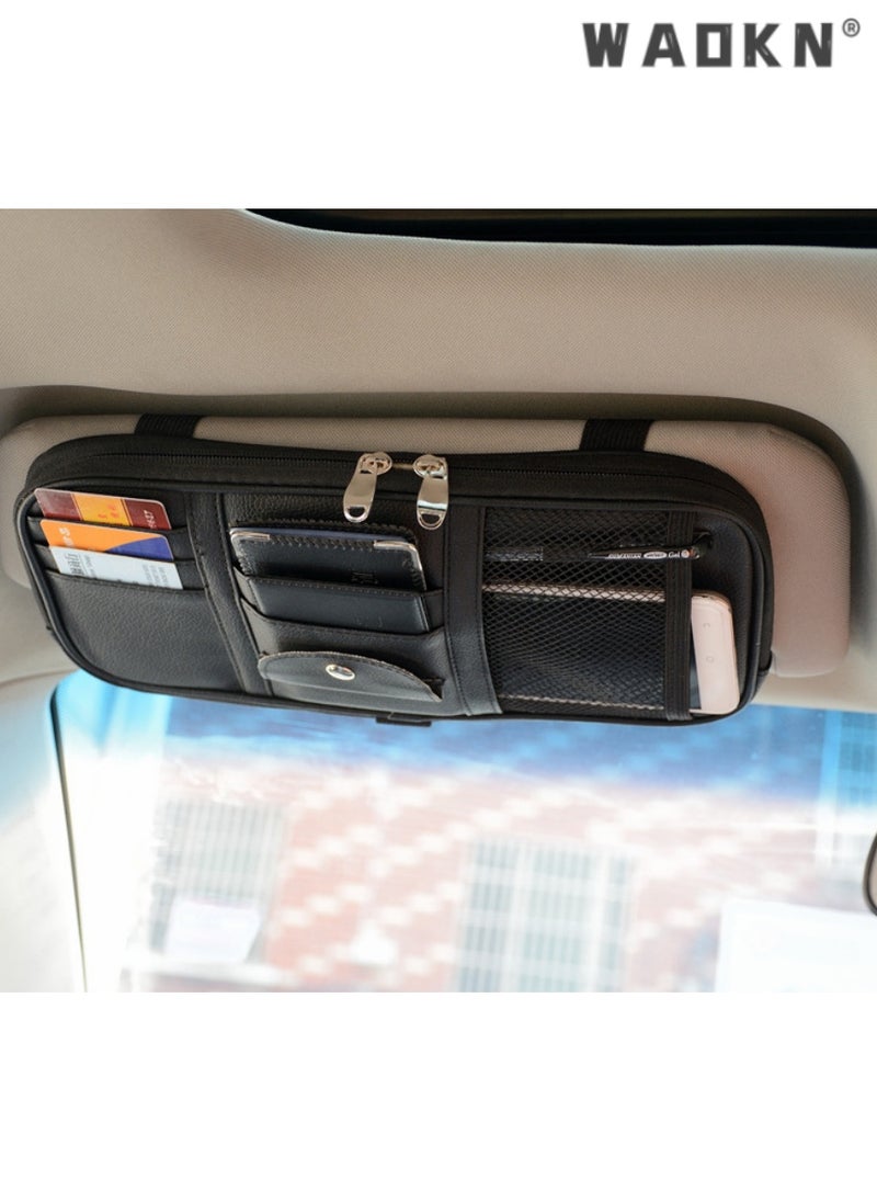 WAOKN Multi-functional Sunshade Storage Bag, Card Holder, Driver's License Receipt Card Holder, Data Cable Storage, Car Glasses Holder - Premium Quality Car Visor Organizer with Extra Pockets for Tickets and Coins  - Image 1