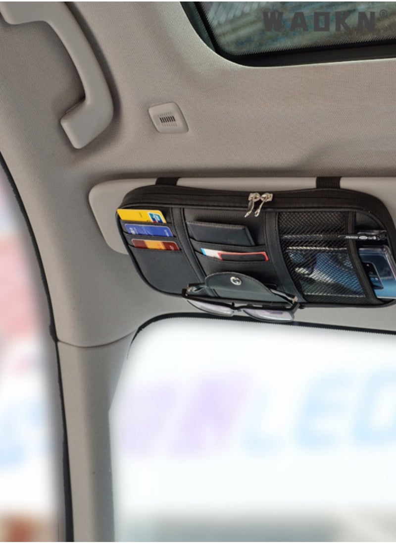 WAOKN Multi-functional Sunshade Storage Bag, Card Holder, Driver's License Receipt Card Holder, Data Cable Storage, Car Glasses Holder - Premium Quality Car Visor Organizer with Extra Pockets for Tickets and Coins  - Image 3