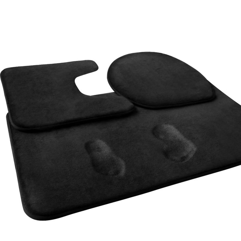 FEELSO Memory Foam Bath Mat Set , 3 Piece Non Slip and Absorbent Floor Mat , 20x31 Inches , 20x22 Inches U-Shaped Contour Bathroom Rug and Toilet Lid Cover for Tub Shower & Bath Room , Black - Image 1
