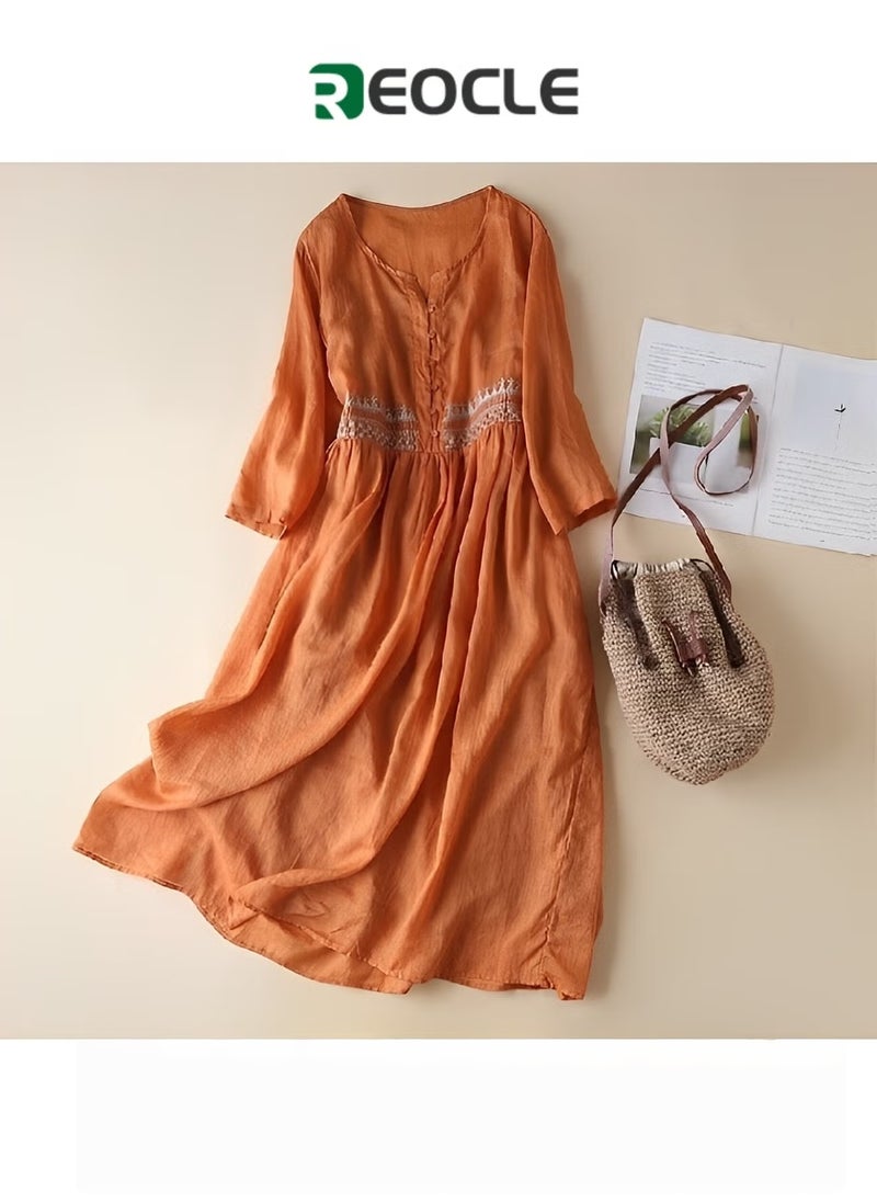 REOCLE Women's Embroidered Dress Cotton Linen Long Dress V Neck Long Sleeve Floral Midi A-line Dress Flowy Beach Maxi Dress  - Image 1