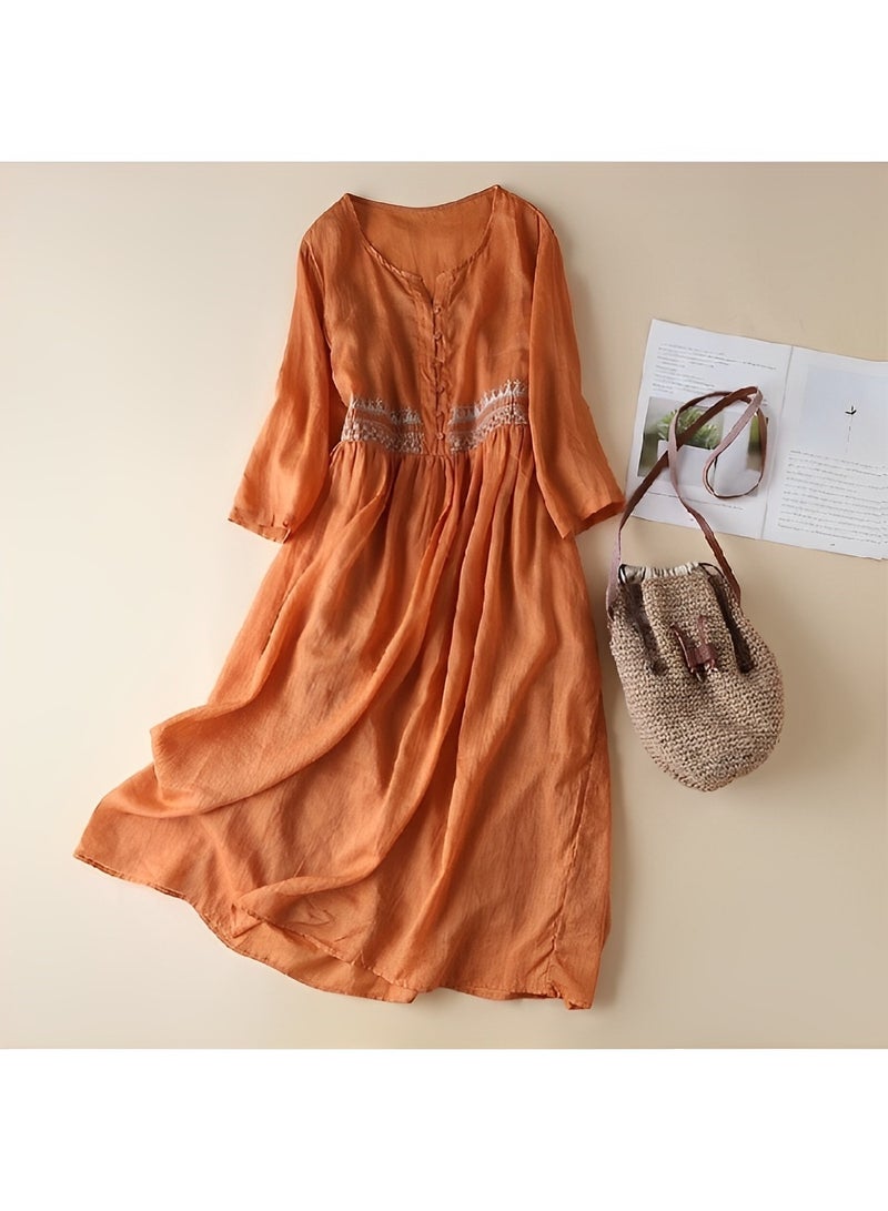 REOCLE Women's Embroidered Dress Cotton Linen Long Dress V Neck Long Sleeve Floral Midi A-line Dress Flowy Beach Maxi Dress  - Image 2