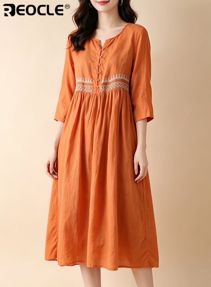 REOCLE Women's Embroidered Dress Cotton Linen Long Dress Long Sleeve Floral Midi A-line Dress Flowy Beach Maxi Dress - Image 3