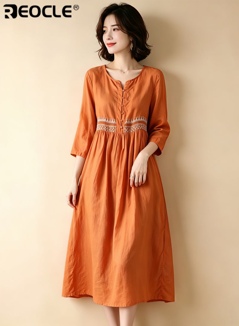REOCLE Women's Embroidered Dress Cotton Linen Long Dress Long Sleeve Floral Midi A-line Dress Flowy Beach Maxi Dress - Image 2
