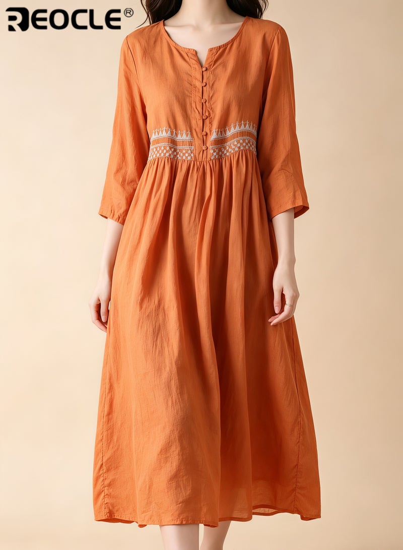 REOCLE Women's Embroidered Dress Cotton Linen Long Dress Long Sleeve Floral Midi A-line Dress Flowy Beach Maxi Dress - Image 1