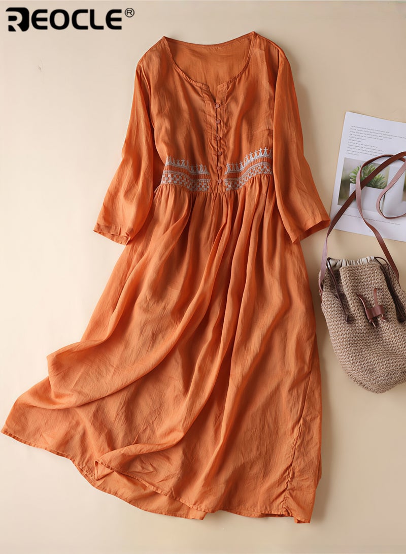 REOCLE Women's Embroidered Dress Cotton Linen Long Dress Long Sleeve Floral Midi A-line Dress Flowy Beach Maxi Dress - Image 4