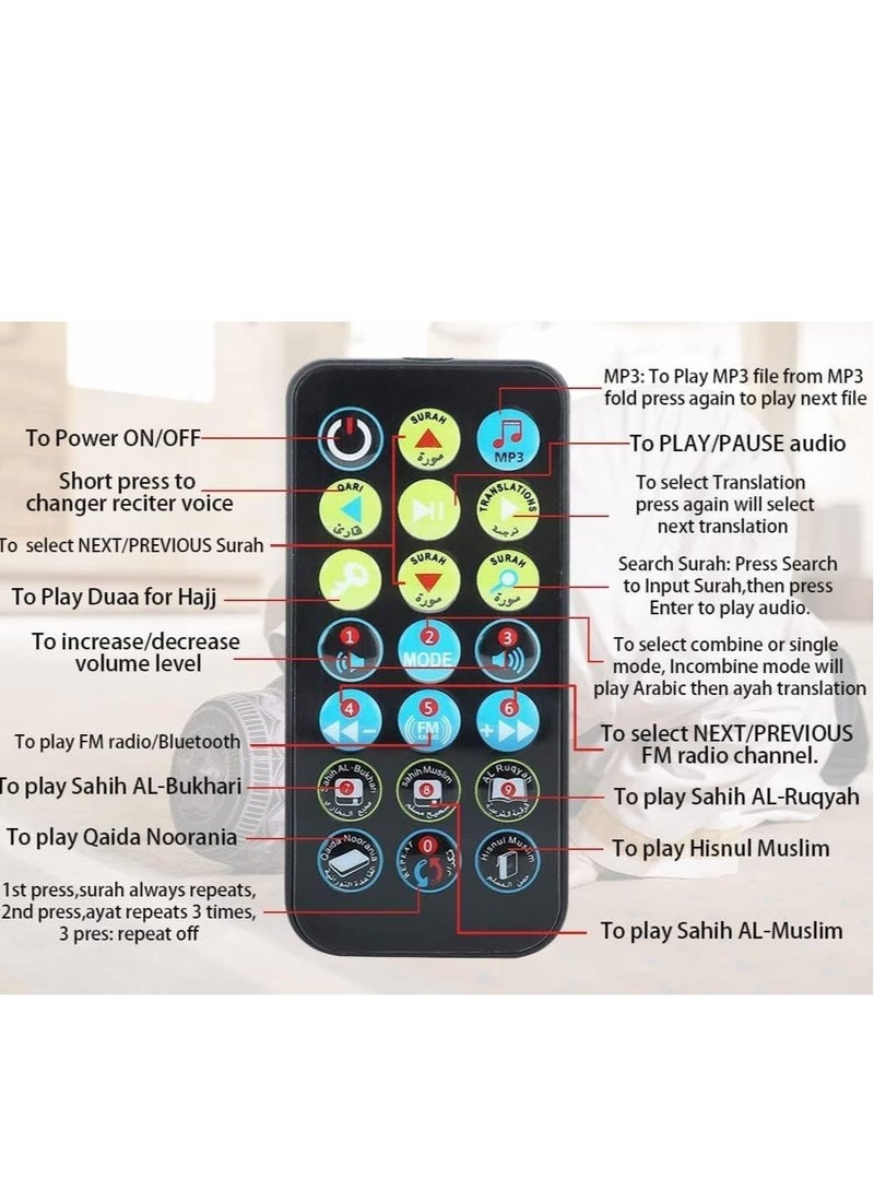 مكبر صوت القرآن المحمول بلوتوث SQ200 الجديد – مشغل MP3 بسعة 8GB مع جهاز تحكم عن بعد، راديو FM، وترجمة القرآن (ذهبي) - Image 4