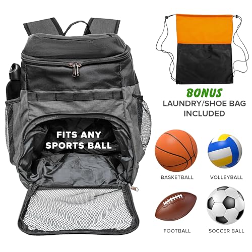 Xelfly Basketball Backpack with Ball Compartment – Sports Equipment Bag for Soccer Ball, Volleyball, Gym, Outdoor, Travel, Team – 2 Bottle Pockets, Includes Laundry or Shoe Bag – 25L (Gray) - Image 3