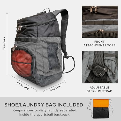 Xelfly Basketball Backpack with Ball Compartment – Sports Equipment Bag for Soccer Ball, Volleyball, Gym, Outdoor, Travel, Team – 2 Bottle Pockets, Includes Laundry or Shoe Bag – 25L (Gray) - Image 5