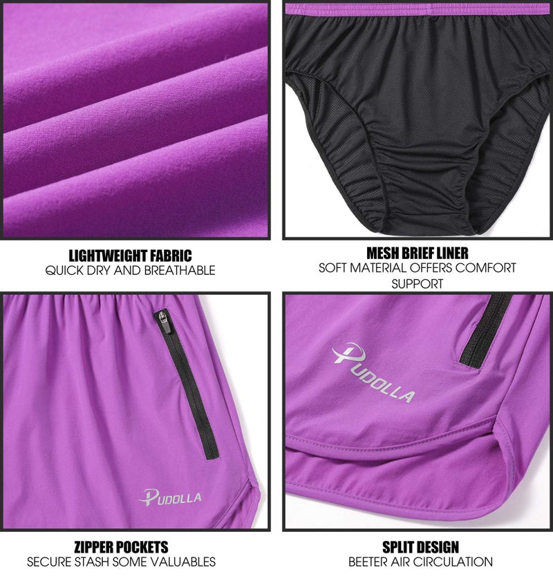 Pudolla Men’s Running Shorts 3 Inch Quick Dry Gym Athletic Workout Shorts for Men with Zipper Pockets(Purple Medium) - Image 5