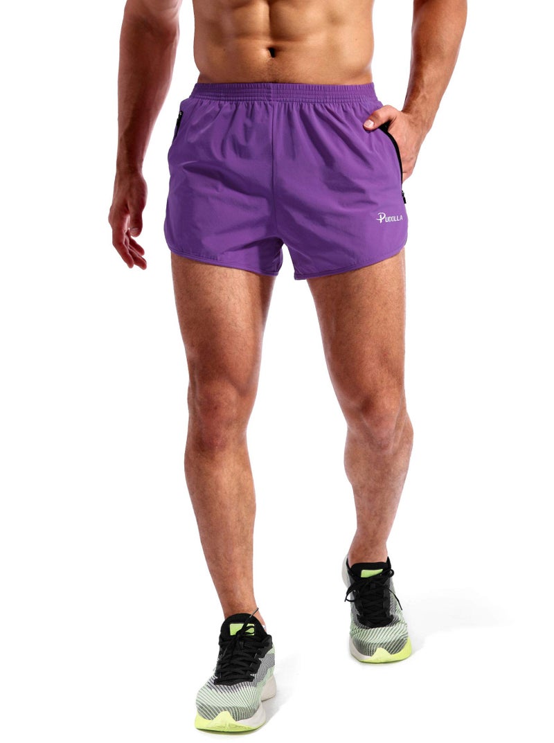 Pudolla Men’s Running Shorts 3 Inch Quick Dry Gym Athletic Workout Shorts for Men with Zipper Pockets(Purple Medium) - Image 2