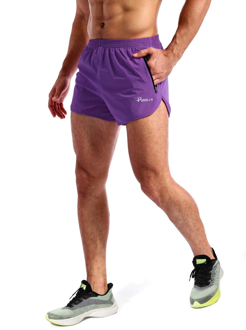 Pudolla Men’s Running Shorts 3 Inch Quick Dry Gym Athletic Workout Shorts for Men with Zipper Pockets(Purple Medium) - Image 3